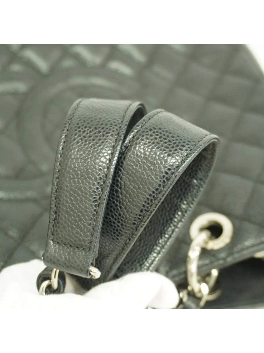 Chanel Chain Tote Quilted Caviar Leather Black Silver